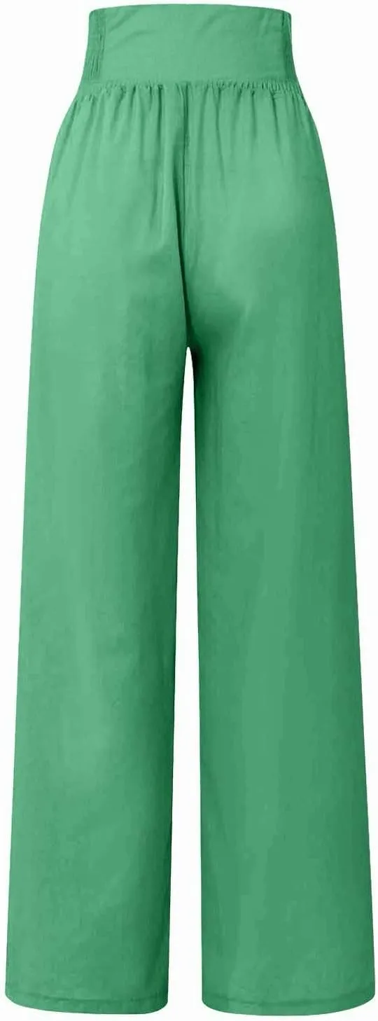 Linen Pants Women Comfy Flowy Wide Leg Pants Trousers Summer High Waisted Beach Palazzo Pants with Pockets 2025
