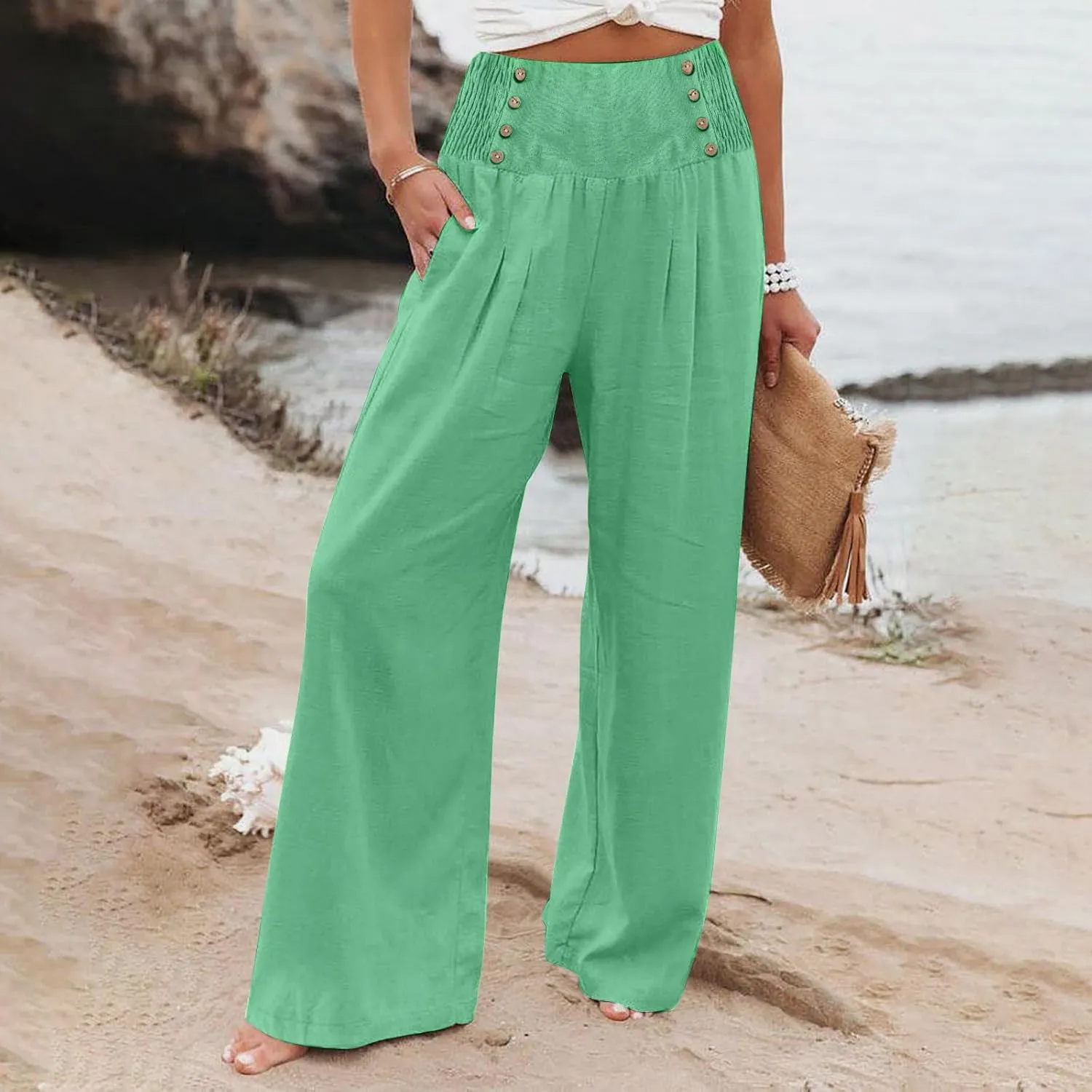 Linen Pants Women Comfy Flowy Wide Leg Pants Trousers Summer High Waisted Beach Palazzo Pants with Pockets 2025