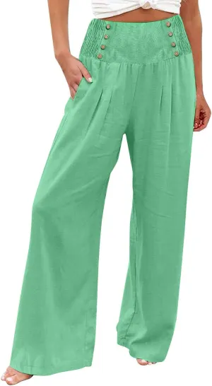Linen Pants Women Comfy Flowy Wide Leg Pants Trousers Summer High Waisted Beach Palazzo Pants with Pockets 2025