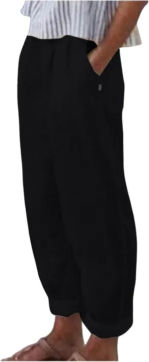 Linen Pants Women Lightweight High Waist Palazzo Trousers with Pockets Casual Solid Going Out Travel Beach Clothes