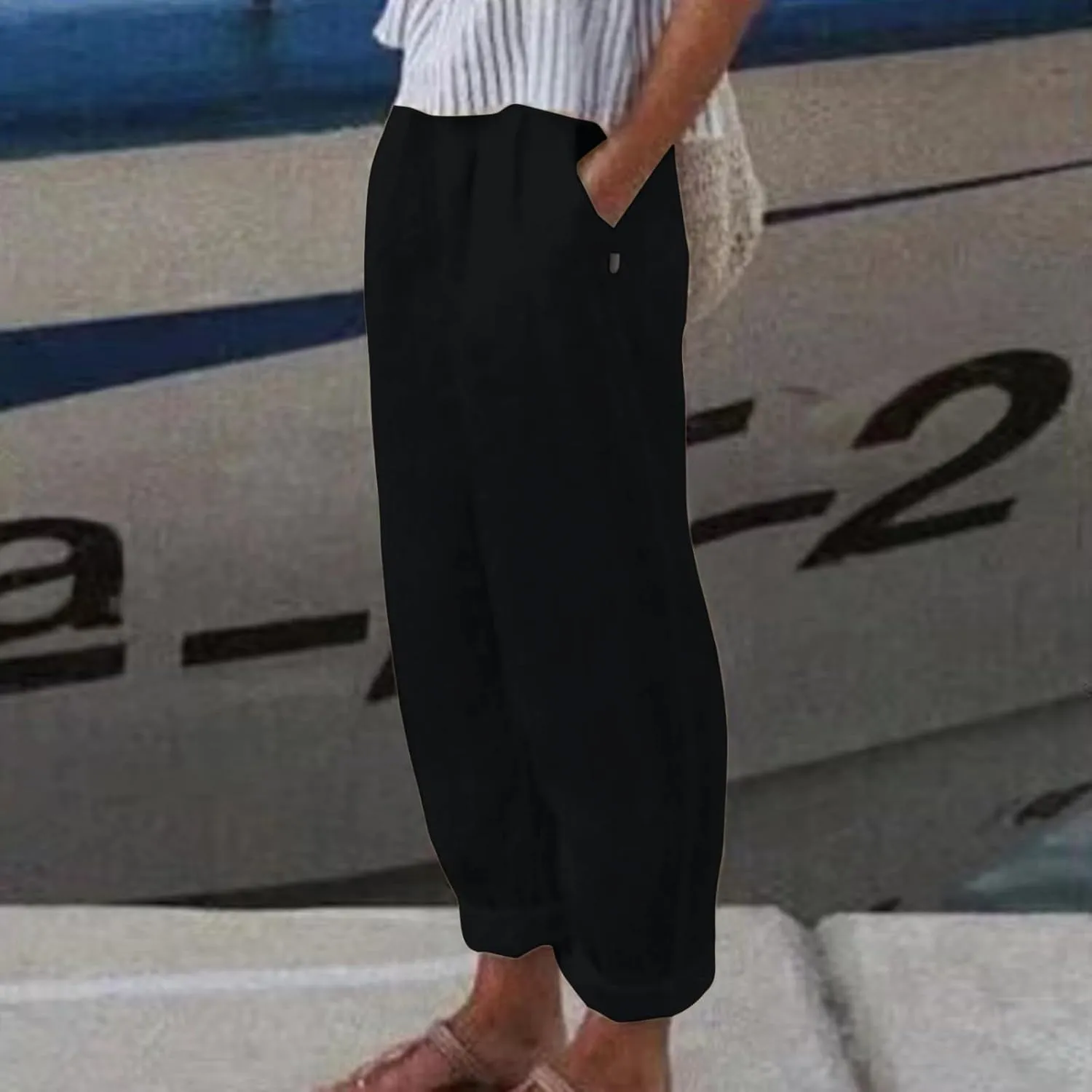 Linen Pants Women Lightweight High Waist Palazzo Trousers with Pockets Casual Solid Going Out Travel Beach Clothes