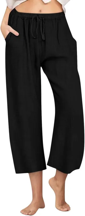 Linen Pants Women Summer Boho Mid Rise Palazzo Trousers Casual Cotton Solid Going Out Beach Clothes with Pockets