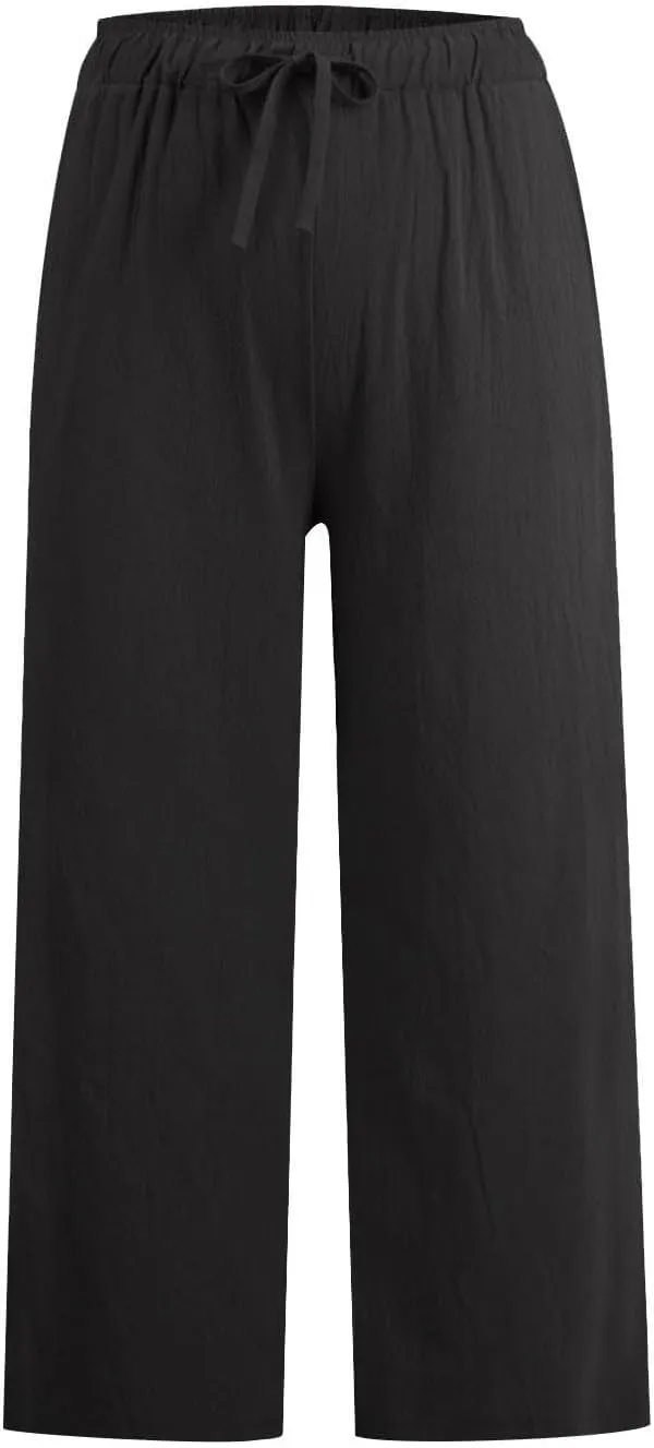 Linen Pants Women Summer Boho Mid Rise Palazzo Trousers Casual Cotton Solid Going Out Beach Clothes with Pockets
