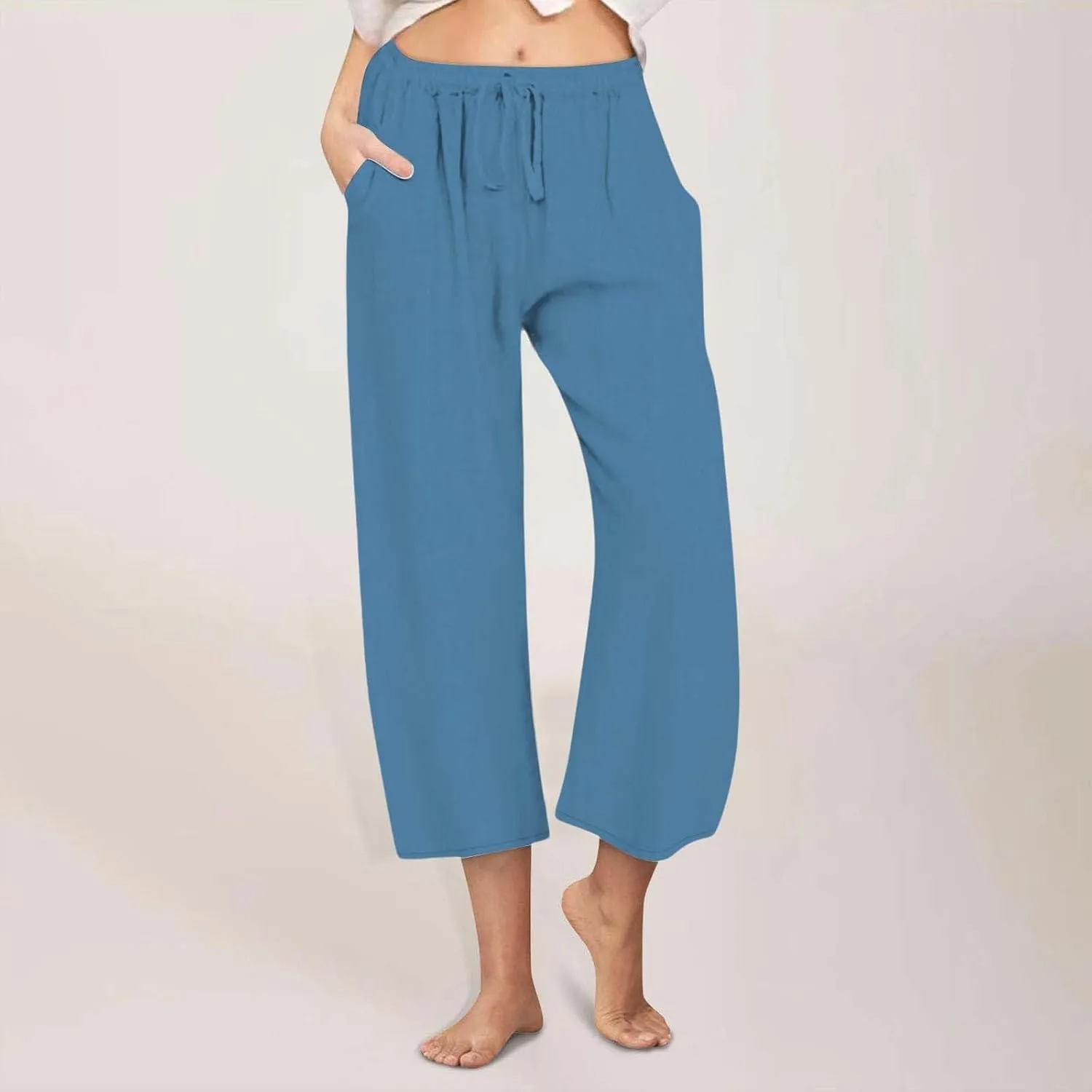 Linen Pants Women Summer Boho Mid Rise Palazzo Trousers Casual Cotton Solid Going Out Beach Clothes with Pockets