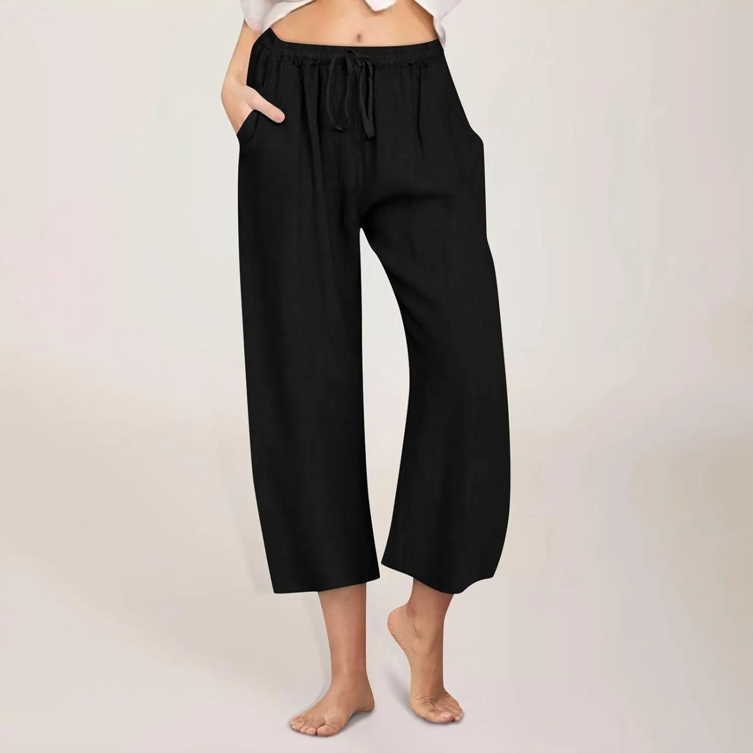 Linen Pants Women Summer Boho Mid Rise Palazzo Trousers Casual Cotton Solid Going Out Beach Clothes with Pockets