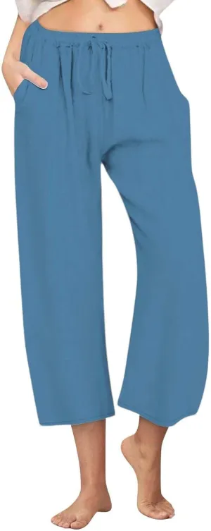 Linen Pants Women Summer Boho Mid Rise Palazzo Trousers Casual Cotton Solid Going Out Beach Clothes with Pockets