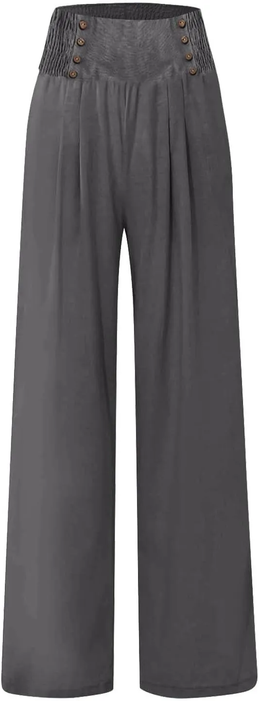 Linen Pants Women Summer Wide Leg Cotton Casual Trousers Loose Elastic Waist Button Pants with Pockets 2024