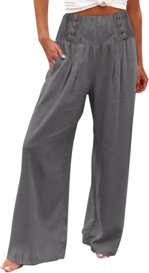 Linen Pants Women Summer Wide Leg Cotton Casual Trousers Loose Elastic Waist Button Pants with Pockets 2024
