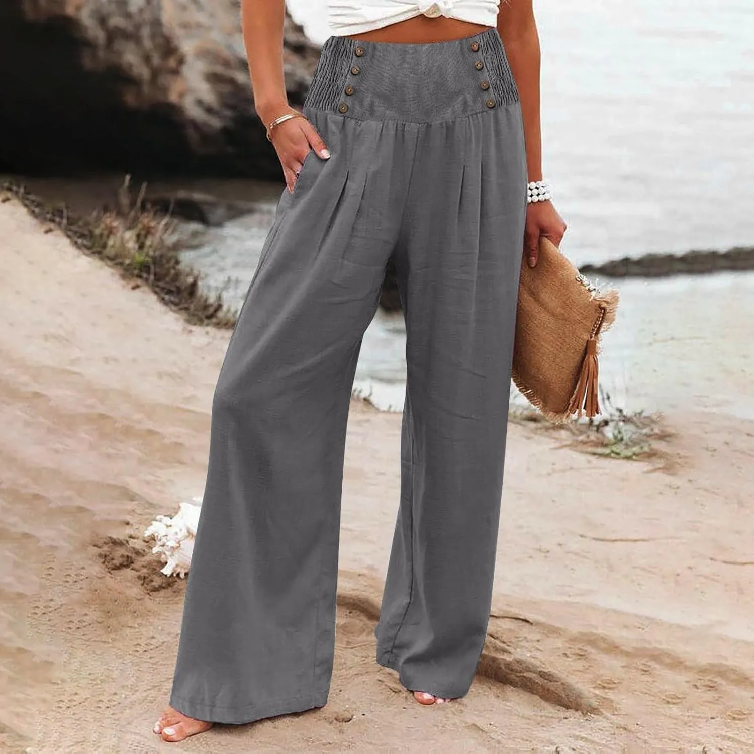 Linen Pants Women Summer Wide Leg Cotton Casual Trousers Loose Elastic Waist Button Pants with Pockets 2024