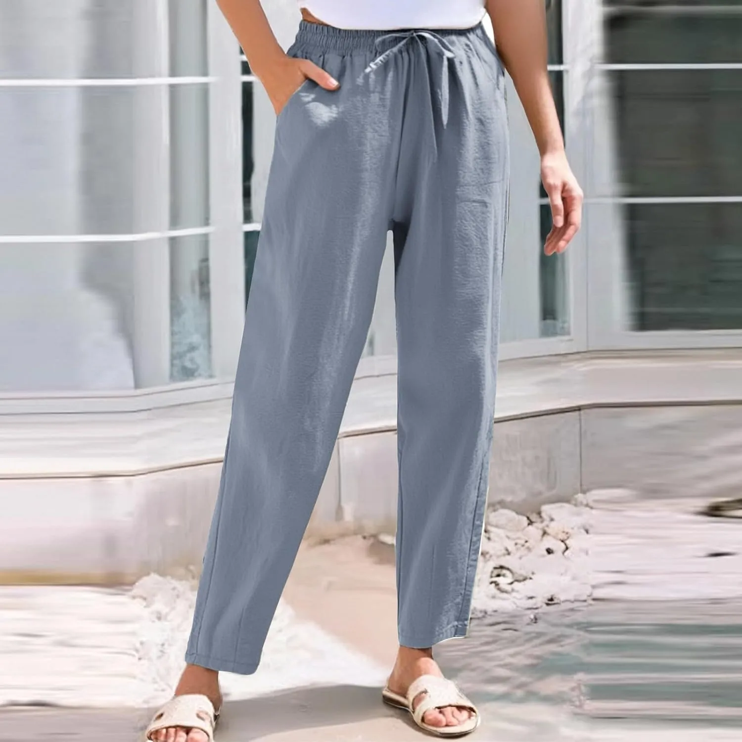 Linen Pants Women Wide Leg Palazzo Pants Lounge Pants with Pockets Drawstring High Elastic Waisted