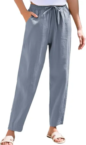 Linen Pants Women Wide Leg Palazzo Pants Lounge Pants with Pockets Drawstring High Elastic Waisted