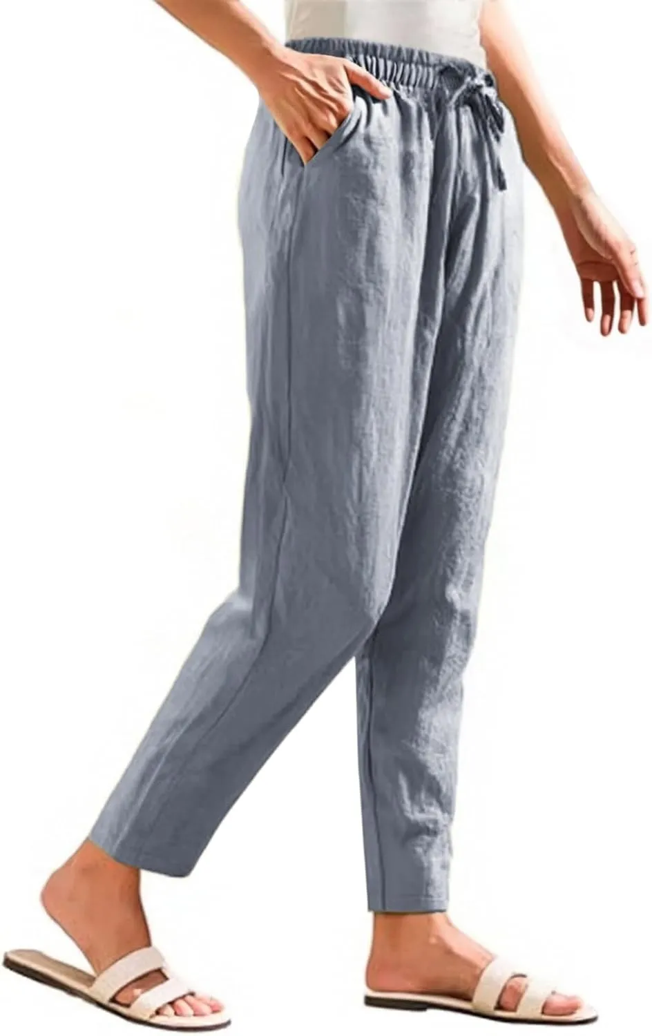Linen Pants Women Wide Leg Palazzo Pants Lounge Pants with Pockets Drawstring High Elastic Waisted