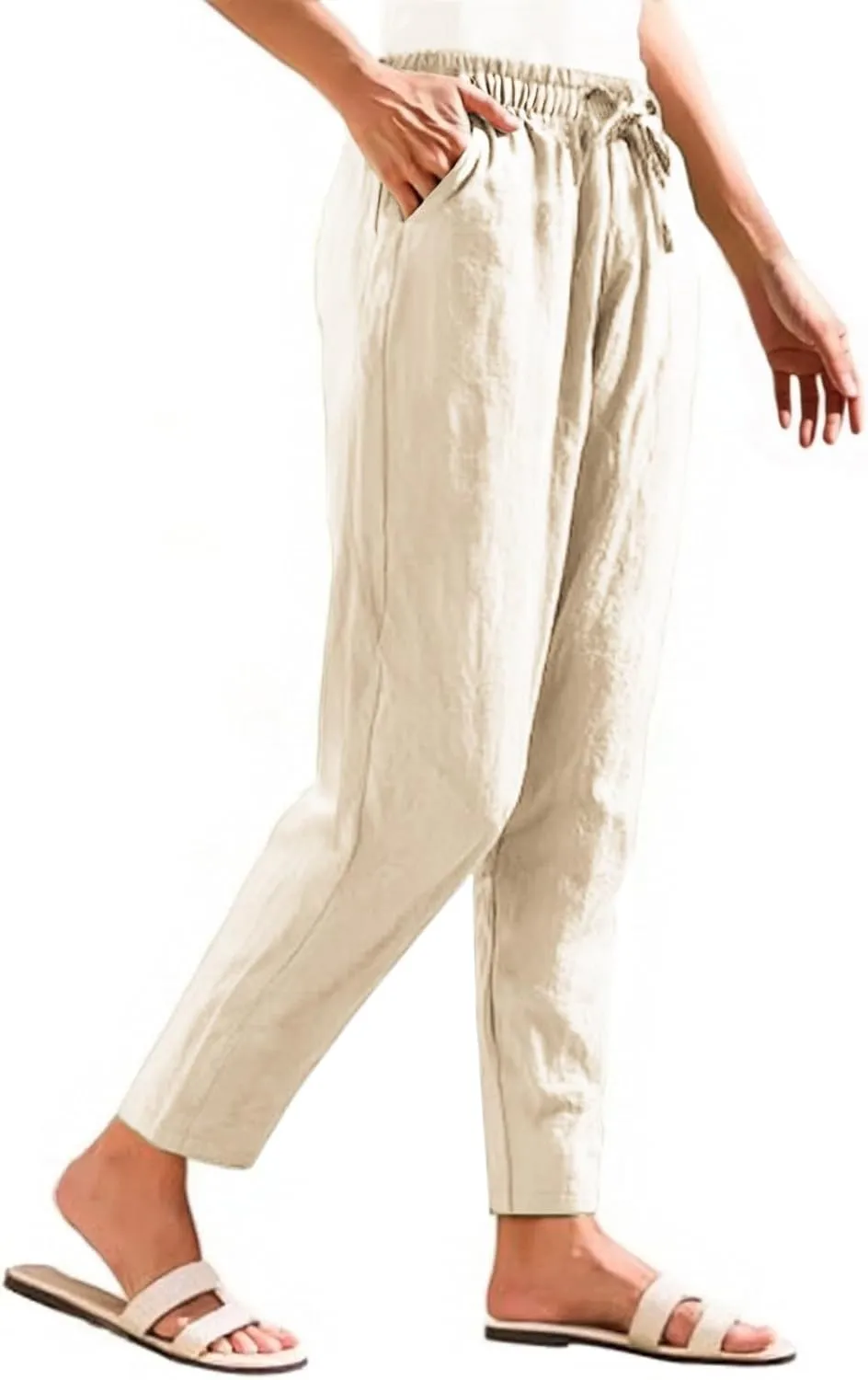 Linen Pants Women Wide Leg Palazzo Pants Lounge Pants with Pockets High Elastic Waisted Drawstring