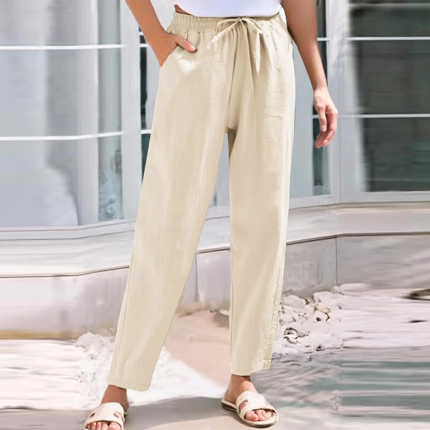Linen Pants Women Wide Leg Palazzo Pants Lounge Pants with Pockets High Elastic Waisted Drawstring