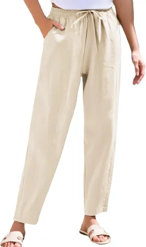 Linen Pants Women Wide Leg Palazzo Pants Lounge Pants with Pockets High Elastic Waisted Drawstring