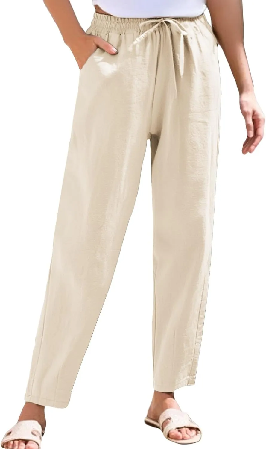 Linen Pants Women Wide Leg Palazzo Pants Lounge Pants with Pockets High Elastic Waisted Drawstring