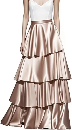 Lisong Women's Satin Elegant High Waisted Maxi Skirts Layered A Line Long Prom Party Skirt