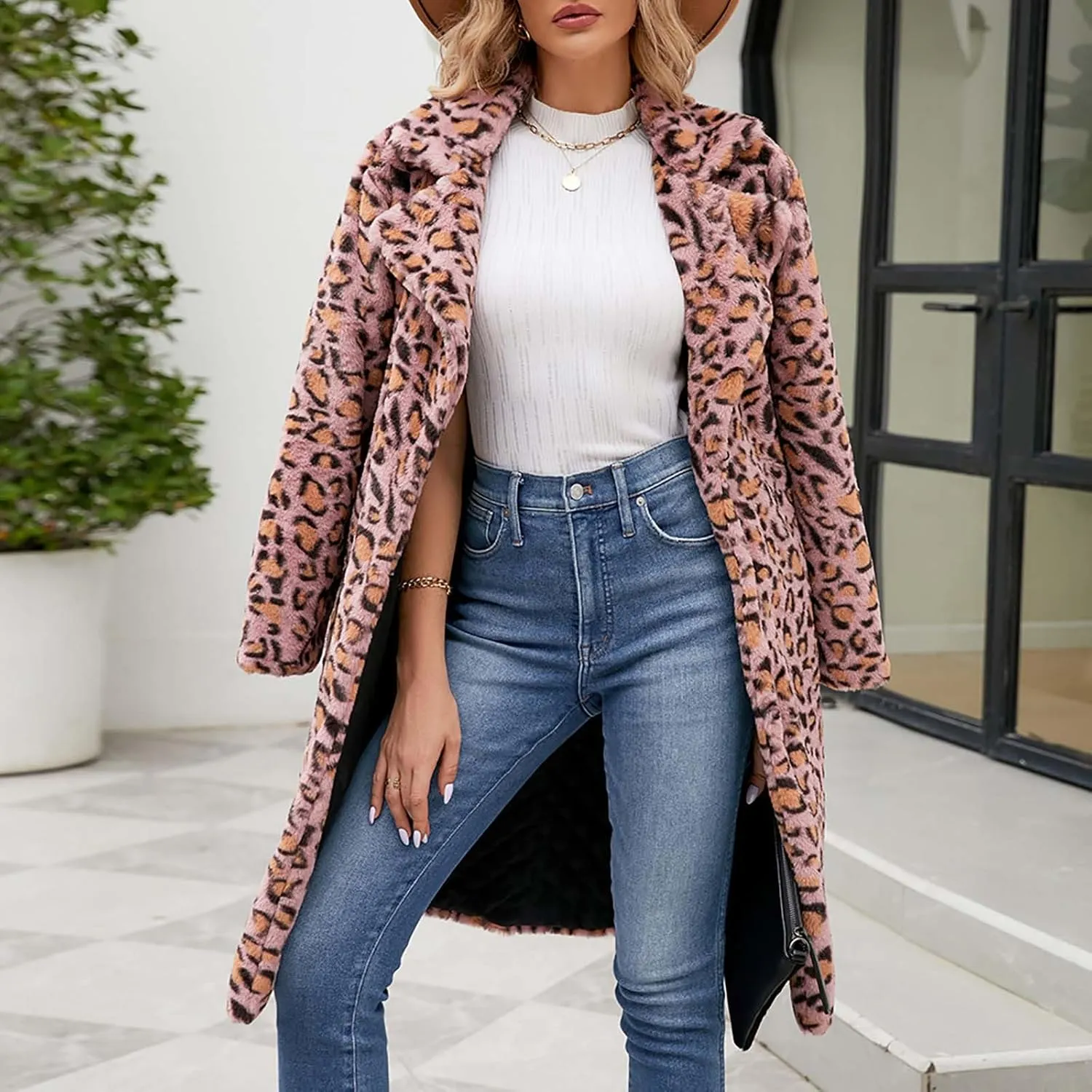 Lmdudan 2023 Winter Faux Fur Coat for Women Leopard Print Fleece Long Jacket Retro Lapel Warm Overcoat Plus Size Trench Coats