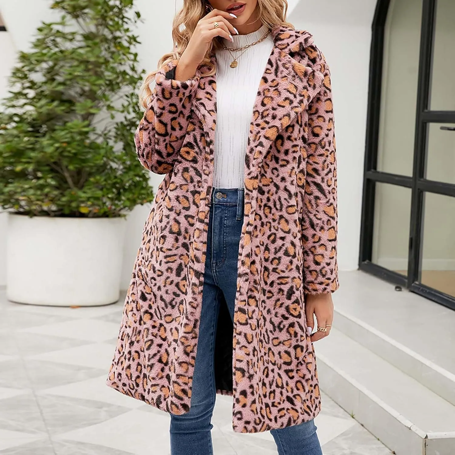 Lmdudan 2023 Winter Faux Fur Coat for Women Leopard Print Fleece Long Jacket Retro Lapel Warm Overcoat Plus Size Trench Coats