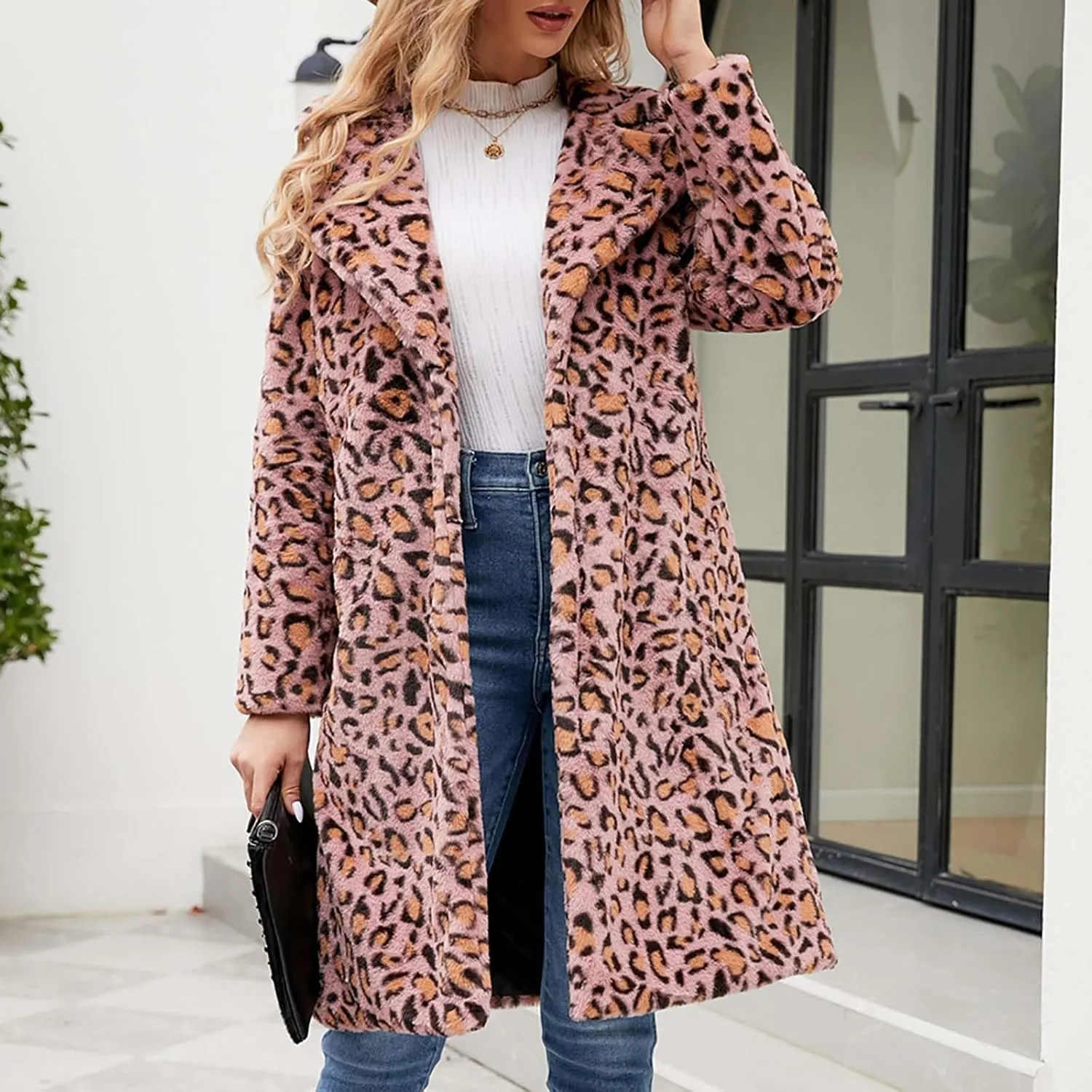 Lmdudan 2023 Winter Faux Fur Coat for Women Leopard Print Fleece Long Jacket Retro Lapel Warm Overcoat Plus Size Trench Coats