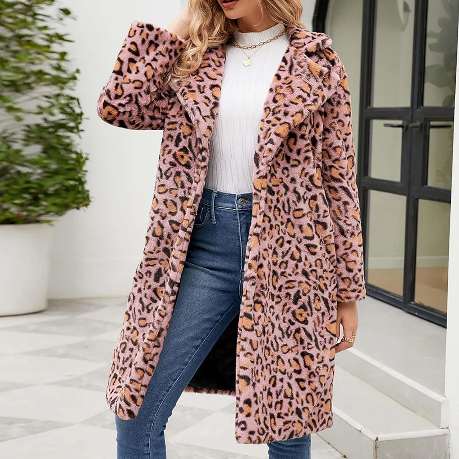 Lmdudan 2023 Winter Faux Fur Coat for Women Leopard Print Fleece Long Jacket Retro Lapel Warm Overcoat Plus Size Trench Coats