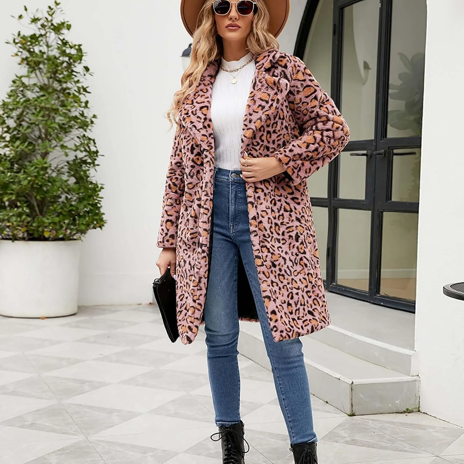 Lmdudan 2023 Winter Faux Fur Coat for Women Leopard Print Fleece Long Jacket Retro Lapel Warm Overcoat Plus Size Trench Coats