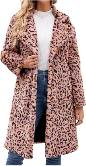 Lmdudan 2023 Winter Faux Fur Coat for Women Leopard Print Fleece Long Jacket Retro Lapel Warm Overcoat Plus Size Trench Coats