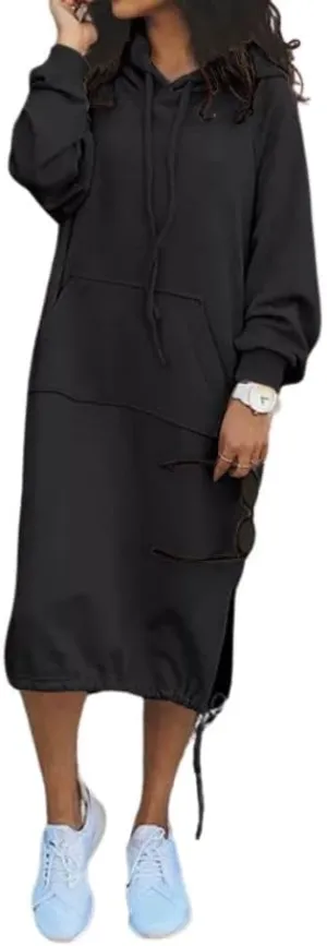LOAIHA Sweatshirt Dress Women Casual Oversized Pullover Long Sleeve Hoodie Dress for Women Drawstring with Kangaroo Pocket