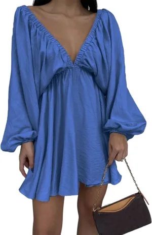 LOFAAC Women Sexy Deep V Neck Puff Long Sleeve Mini Dress Backless High Waist Ruffle Short Dress Party Club Fall Dress