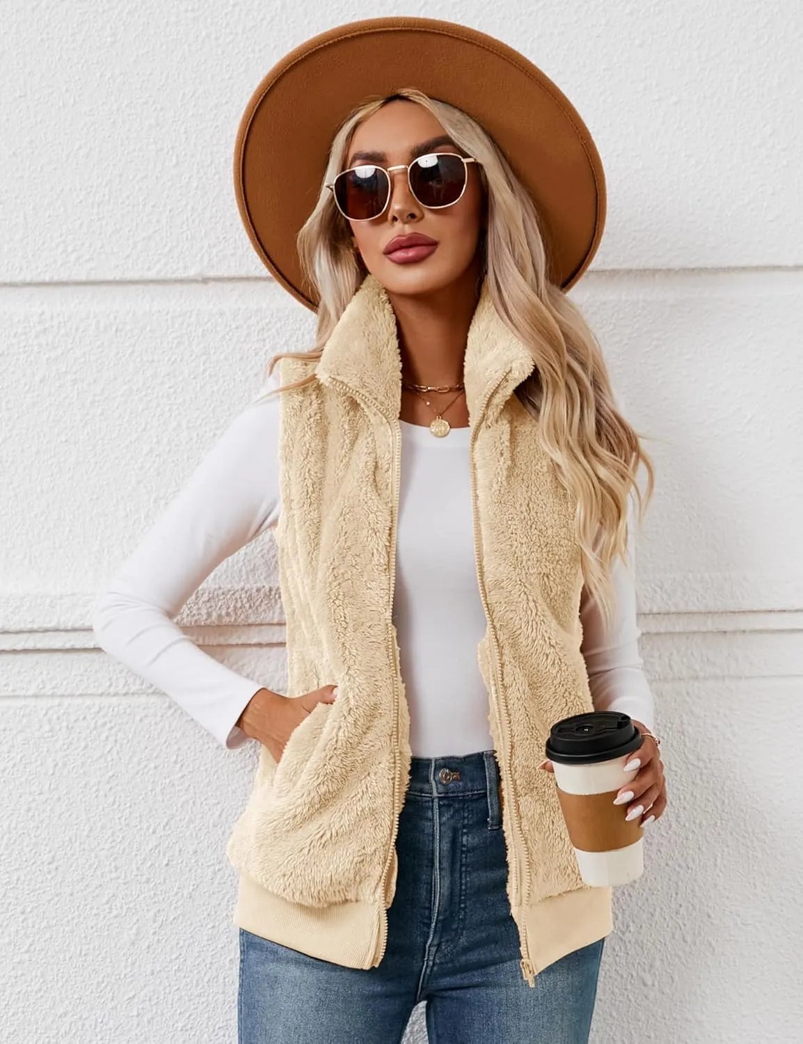LOMON Womens Fuzzy Fleece Vest, Casual Warm Sleeveless Zip Up Sherpa Vest Jacket with Pockets for Fall/Winter