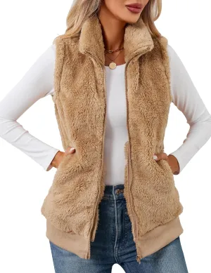 LOMON Womens Fuzzy Fleece Vest, Casual Warm Sleeveless Zip Up Sherpa Vest Jacket with Pockets for Fall/Winter