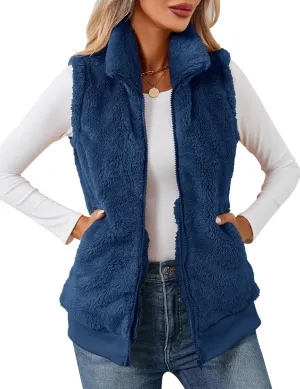 LOMON Womens Fuzzy Fleece Vest, Casual Warm Sleeveless Zip Up Sherpa Vest Jacket with Pockets for Fall/Winter