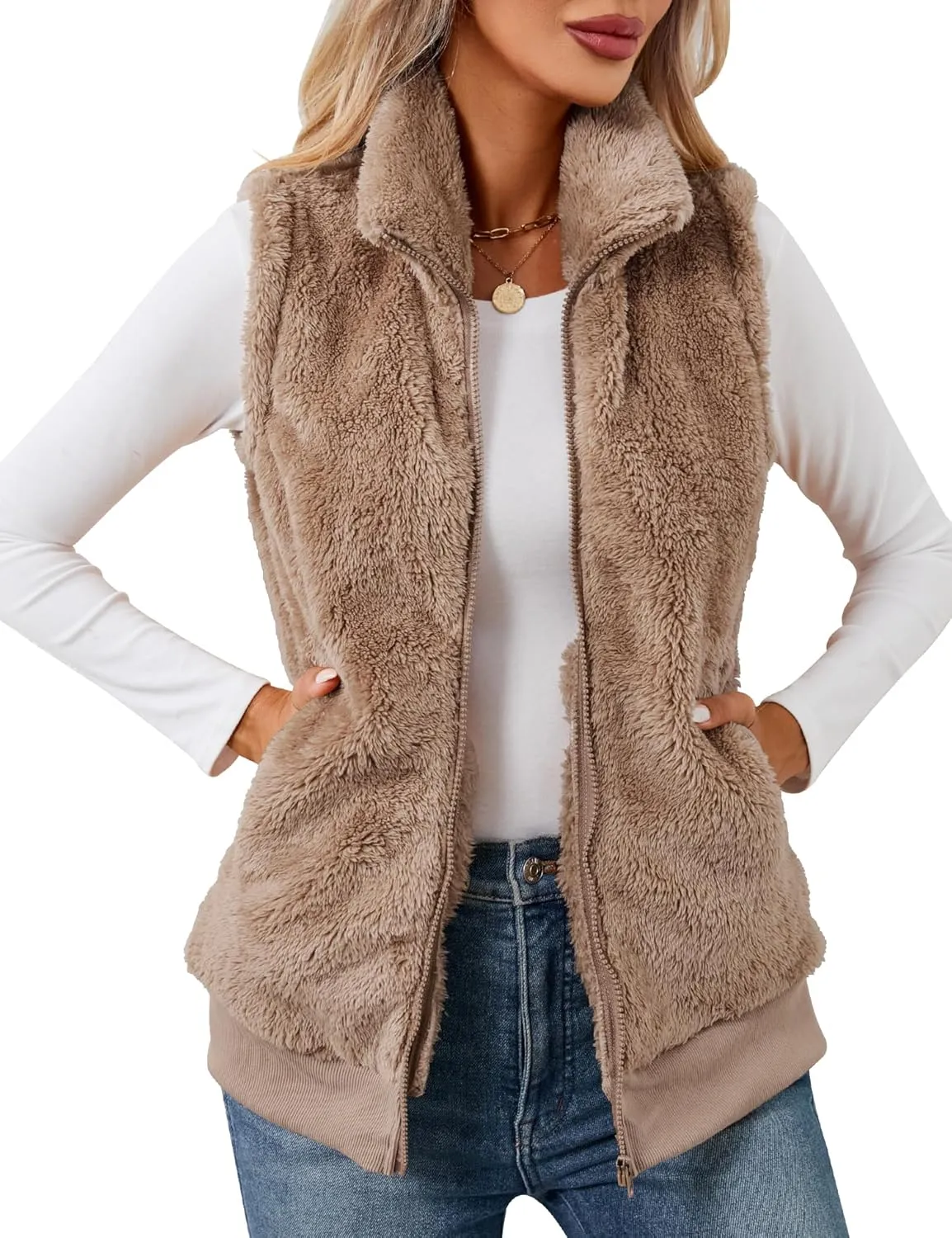 LOMON Womens Fuzzy Fleece Vest, Casual Warm Sleeveless Zip Up Sherpa Vest Jacket with Pockets for Fall/Winter