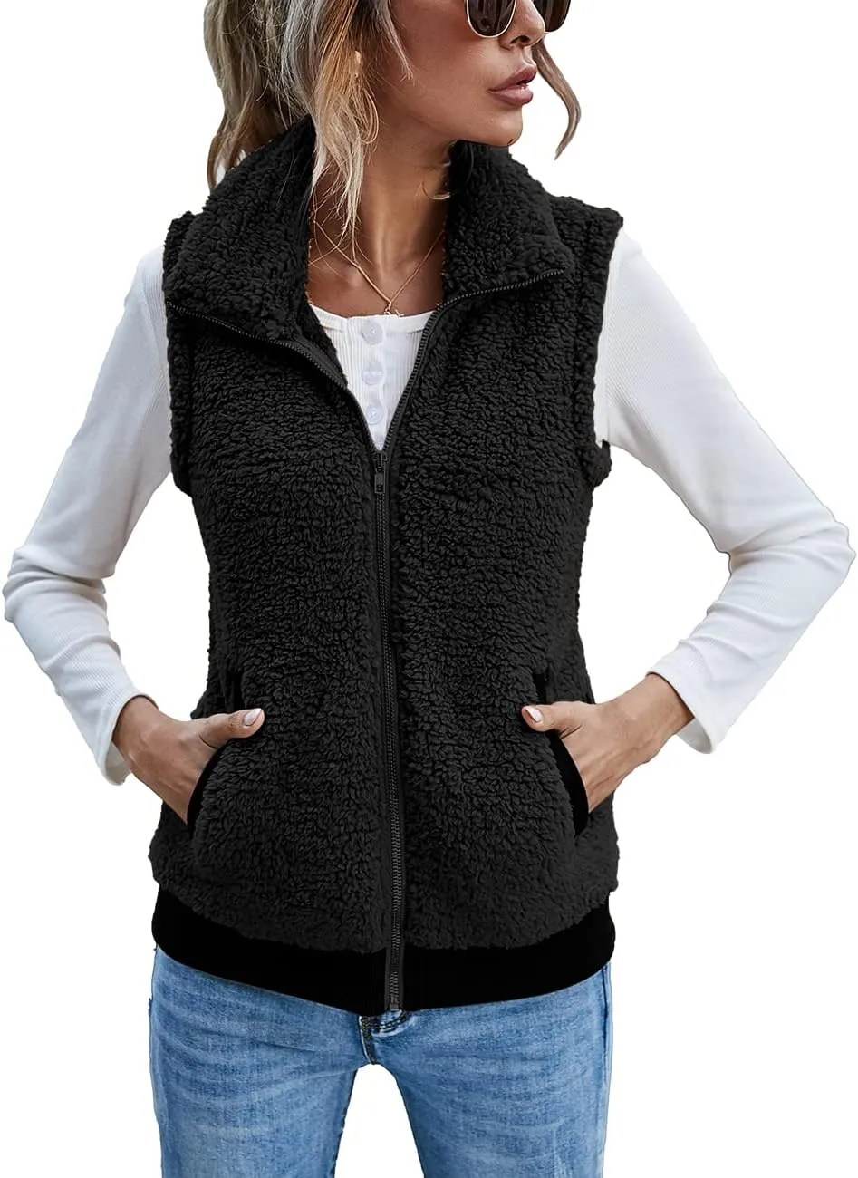 LOMON Womens Fuzzy Fleece Vest, Casual Warm Sleeveless Zip Up Sherpa Vest Jacket with Pockets for Fall/Winter