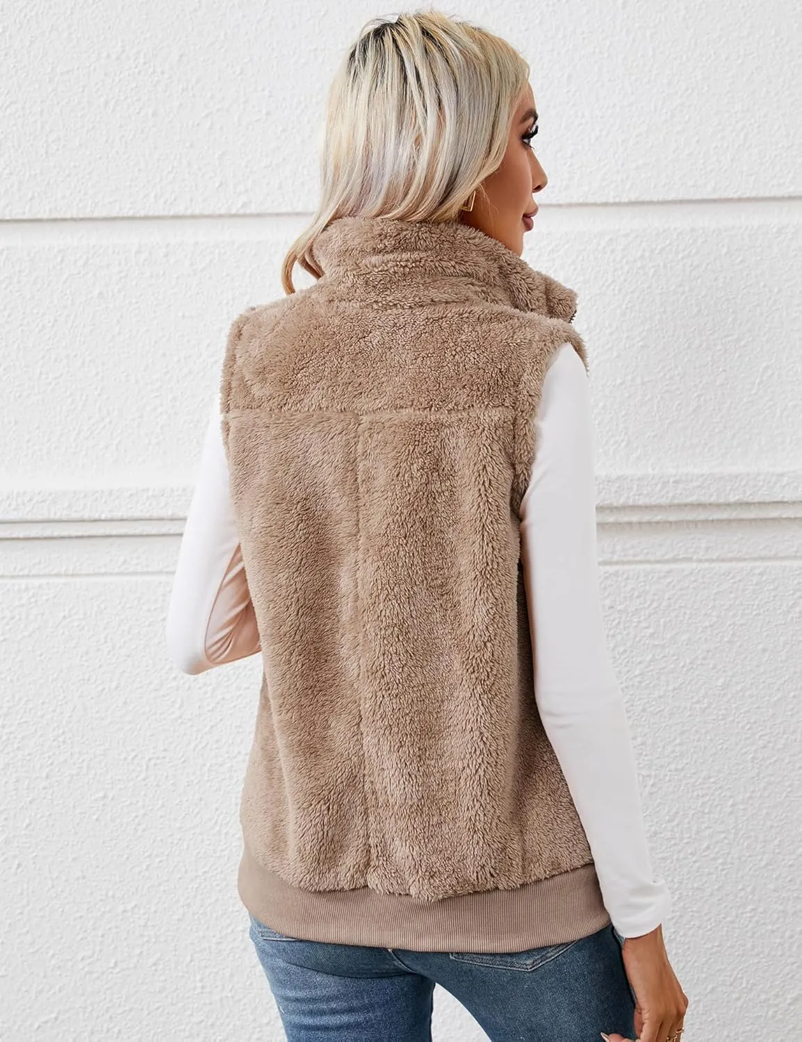 LOMON Womens Fuzzy Fleece Vest, Casual Warm Sleeveless Zip Up Sherpa Vest Jacket with Pockets for Fall/Winter