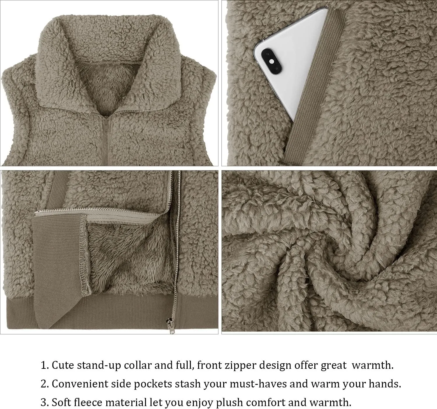 LOMON Womens Fuzzy Fleece Vest, Casual Warm Sleeveless Zip Up Sherpa Vest Jacket with Pockets for Fall/Winter