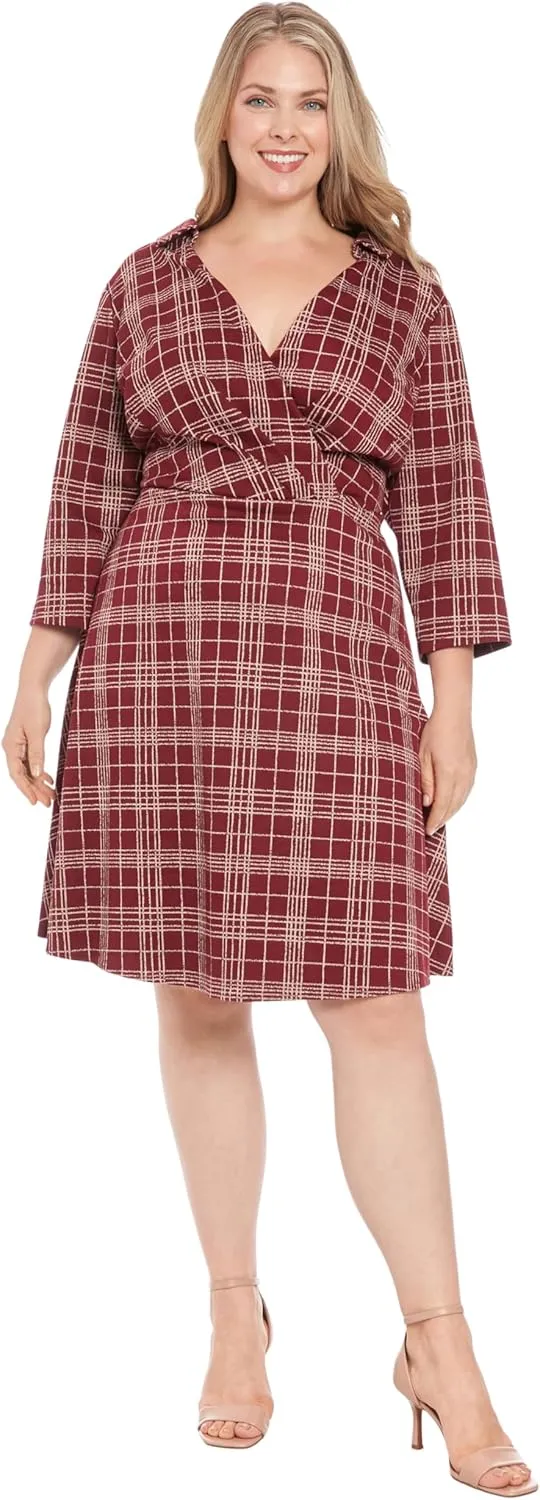 London Times Women's Collared Flare Dress with Pleated Surplice