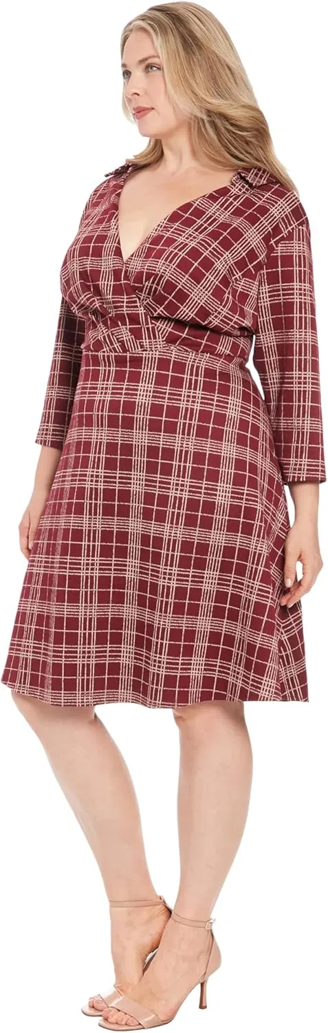 London Times Women's Collared Flare Dress with Pleated Surplice