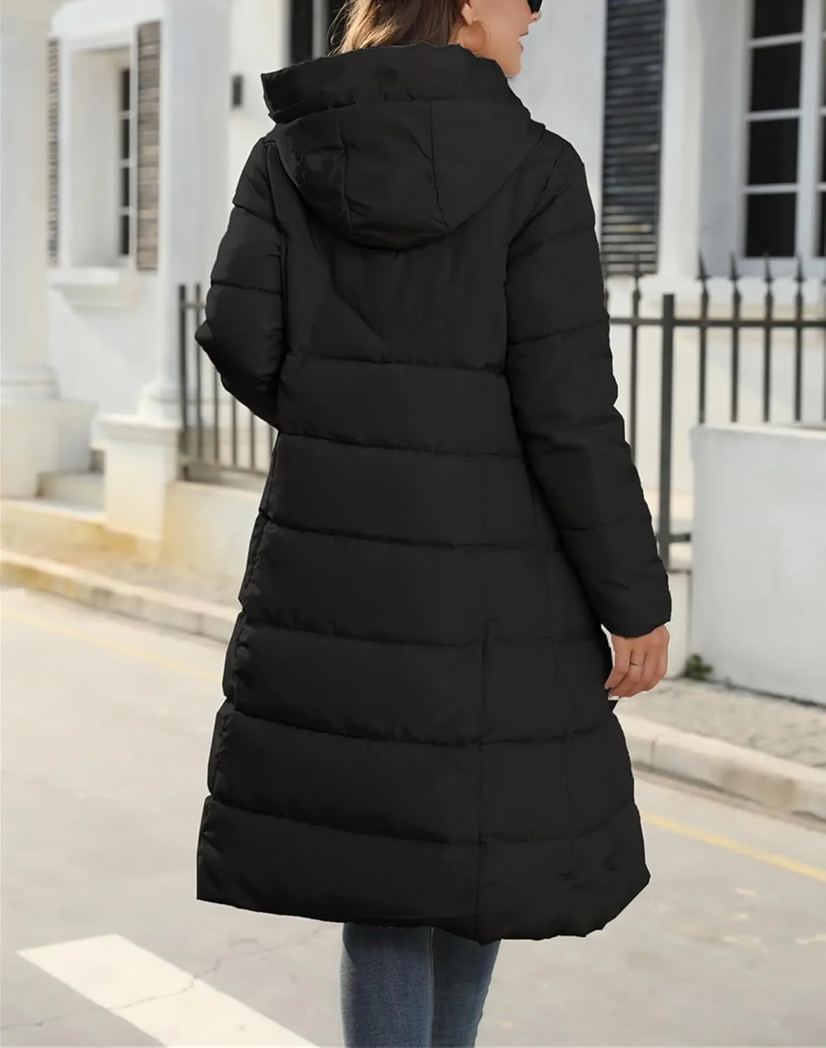 Long Puffer Coat Women Winter Hooded Long Quilted Puffy Trench Coat Zip Up Padded Down Jacket Outerwear with Pockets