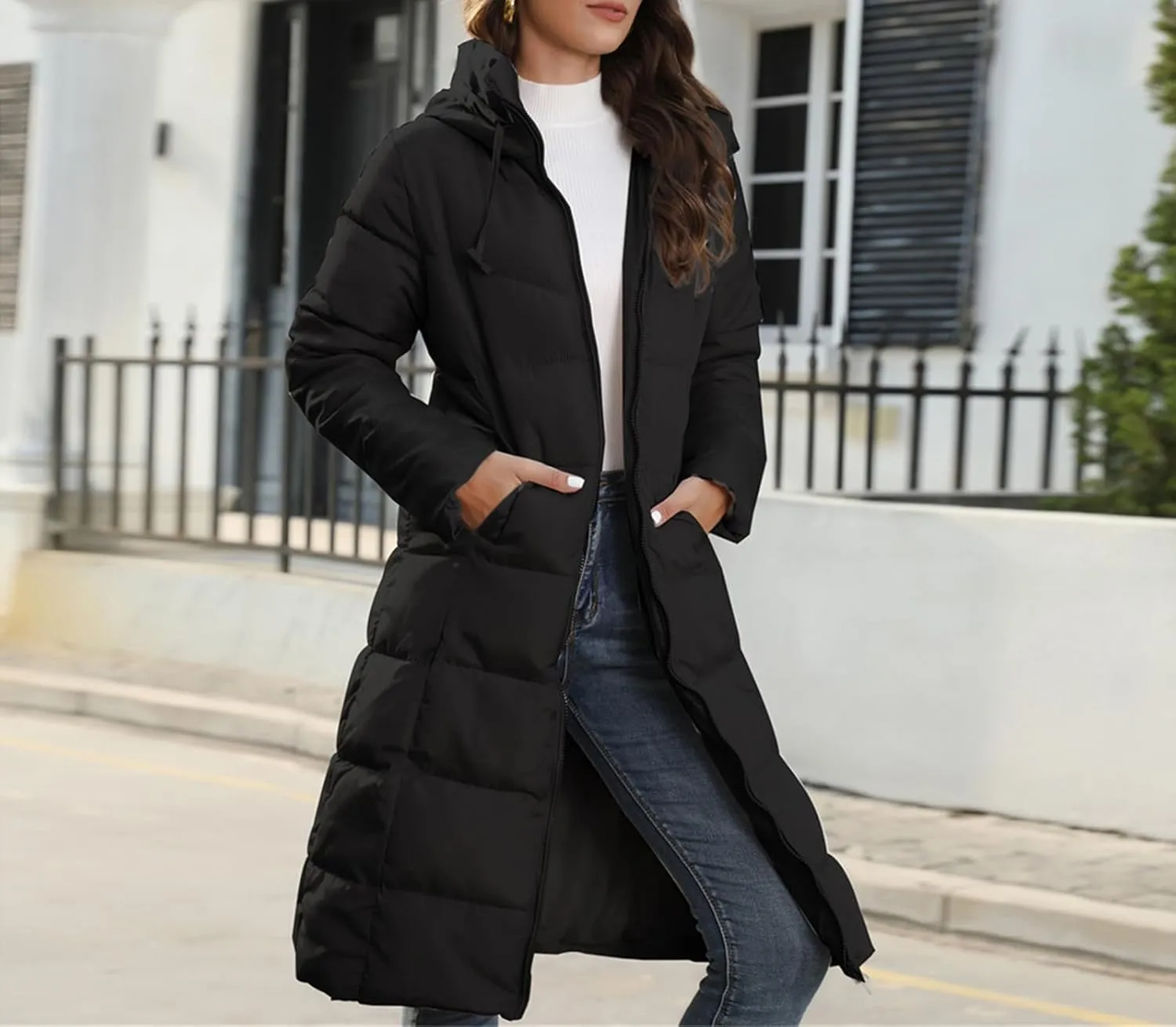 Long Puffer Coat Women Winter Hooded Long Quilted Puffy Trench Coat Zip Up Padded Down Jacket Outerwear with Pockets
