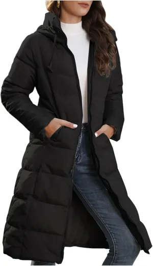 Long Puffer Coat Women Winter Hooded Long Quilted Puffy Trench Coat Zip Up Padded Down Jacket Outerwear with Pockets