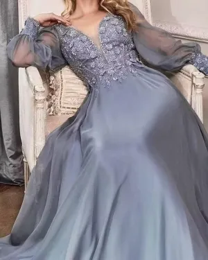 Long Puffy Sleeve Mother of The Bride Dresses for Wedding Women's Chiffon Floral Lace V Neck Formal Evening Gown