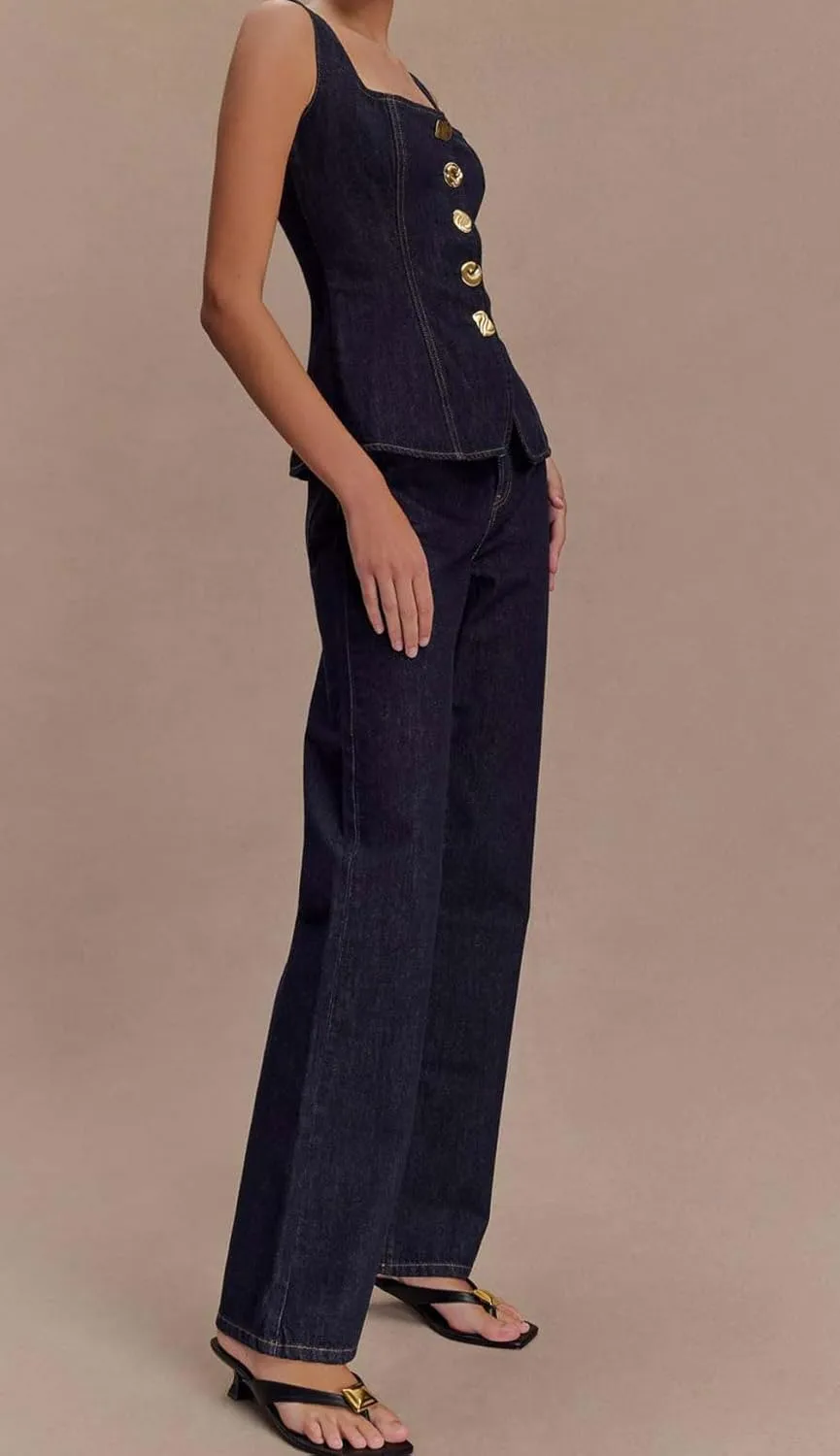 loveimgs Women Two Piece Denim Set Sleeveless Button Down Jean Vest Tank Top Straight Leg Long Pants Jeans Bootcut Outfit