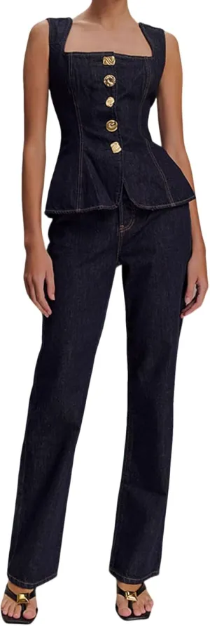 loveimgs Women Two Piece Denim Set Sleeveless Button Down Jean Vest Tank Top Straight Leg Long Pants Jeans Bootcut Outfit