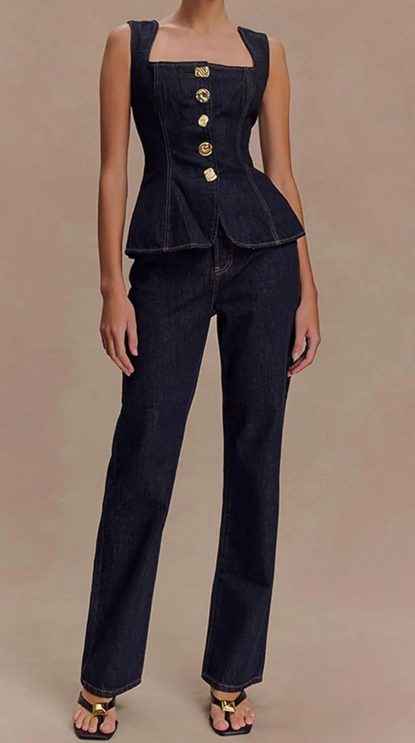 loveimgs Women Two Piece Denim Set Sleeveless Button Down Jean Vest Tank Top Straight Leg Long Pants Jeans Bootcut Outfit