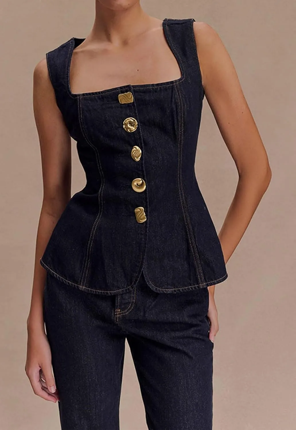 loveimgs Women Two Piece Denim Set Sleeveless Button Down Jean Vest Tank Top Straight Leg Long Pants Jeans Bootcut Outfit