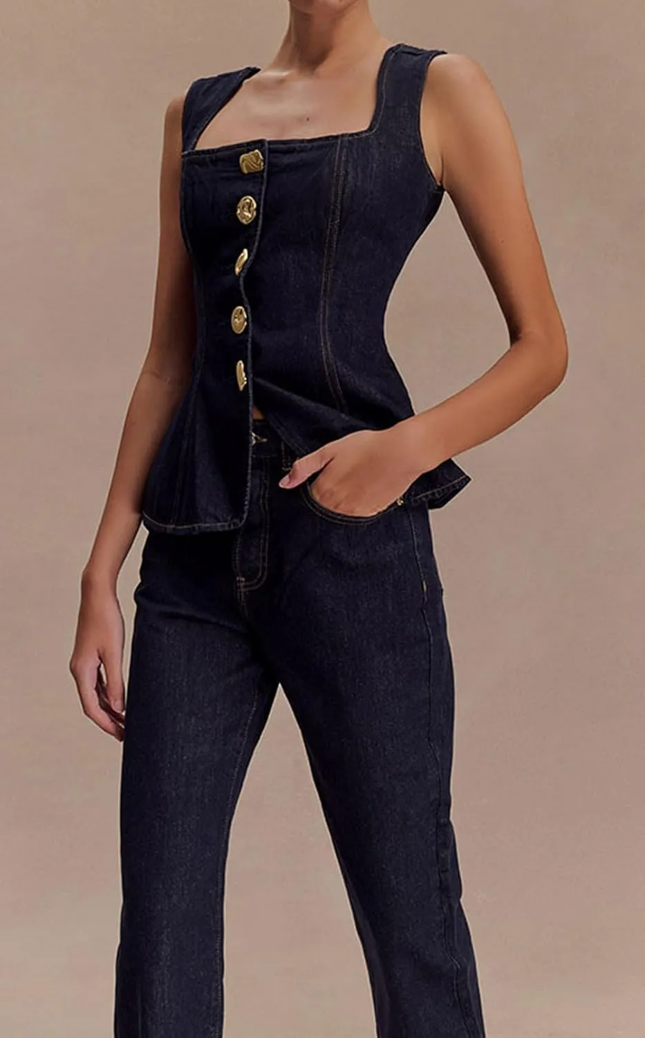 loveimgs Women Two Piece Denim Set Sleeveless Button Down Jean Vest Tank Top Straight Leg Long Pants Jeans Bootcut Outfit