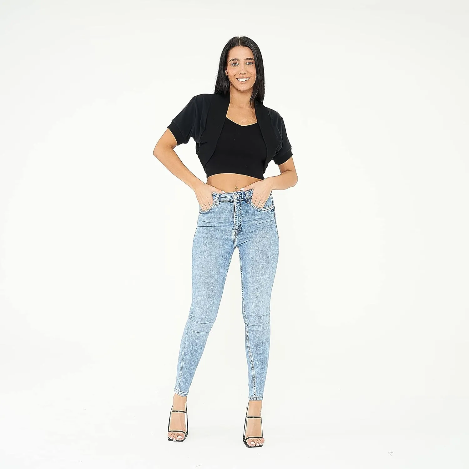 Loxdonz Women's Short Sleeve Shrug Open Front Cotton Cropped Cardigan Bolero Shrugs Jacket