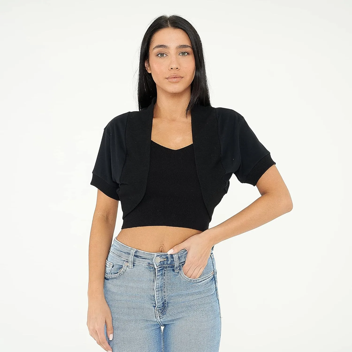 Loxdonz Women's Short Sleeve Shrug Open Front Cotton Cropped Cardigan Bolero Shrugs Jacket
