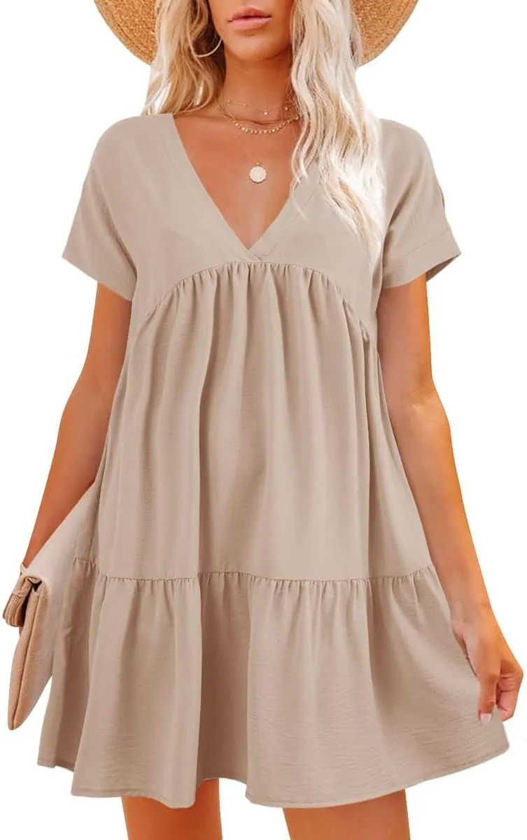 Lueluoye Women V Neck Flowy Babydoll Dresses 2025 Summer Short Sleeve Swing Shift Loose Casual Summer Mini Tunic Dress
